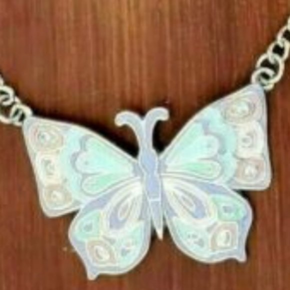 Butterfly Pastel Colors Gold Toned Necklace Choker Figural Multicolor Enamel 18" - Picture 6 of 7